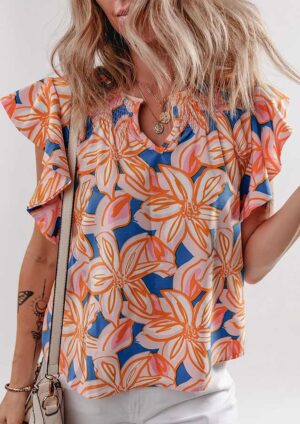 Citrus Flower Ruffle Sleeve Blouse