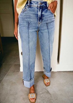 Bloemhof Cuffed Hem Straight Hem High Waist Jeans