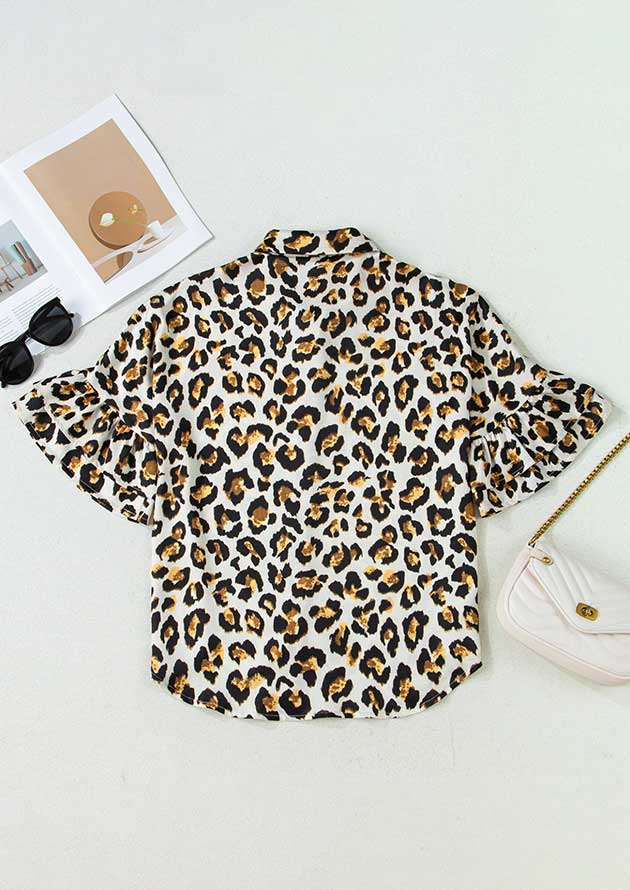 Bethal Ruffle Short Sleeve Leopard Khaki Blouse - Image 2