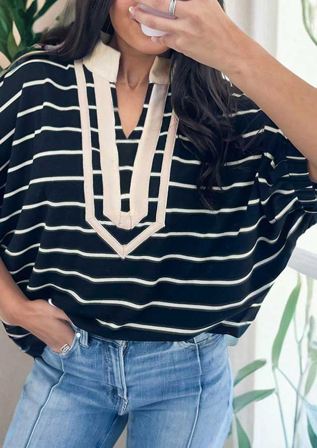 Calum Stripe Stand Collar V Neck Black Top - Image 3