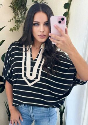 Calum Stripe Stand Collar V Neck Black Top