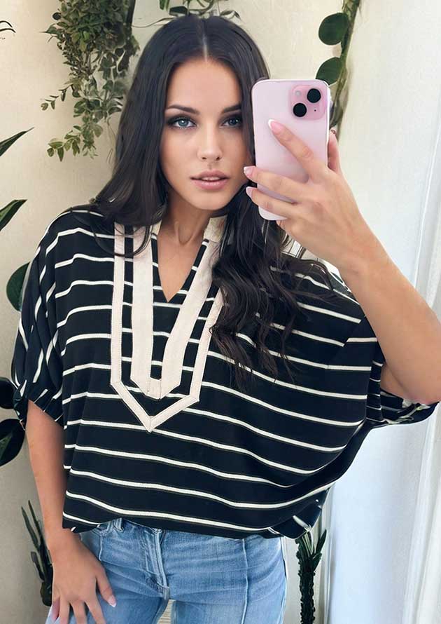 Calum Stripe Stand Collar V Neck Black Top