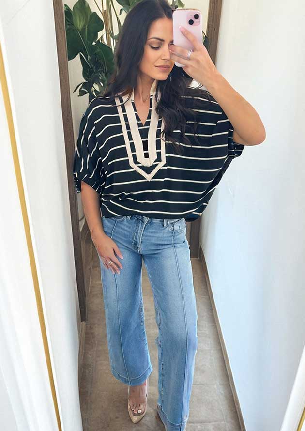 Calum Stripe Stand Collar V Neck Black Top - Image 2