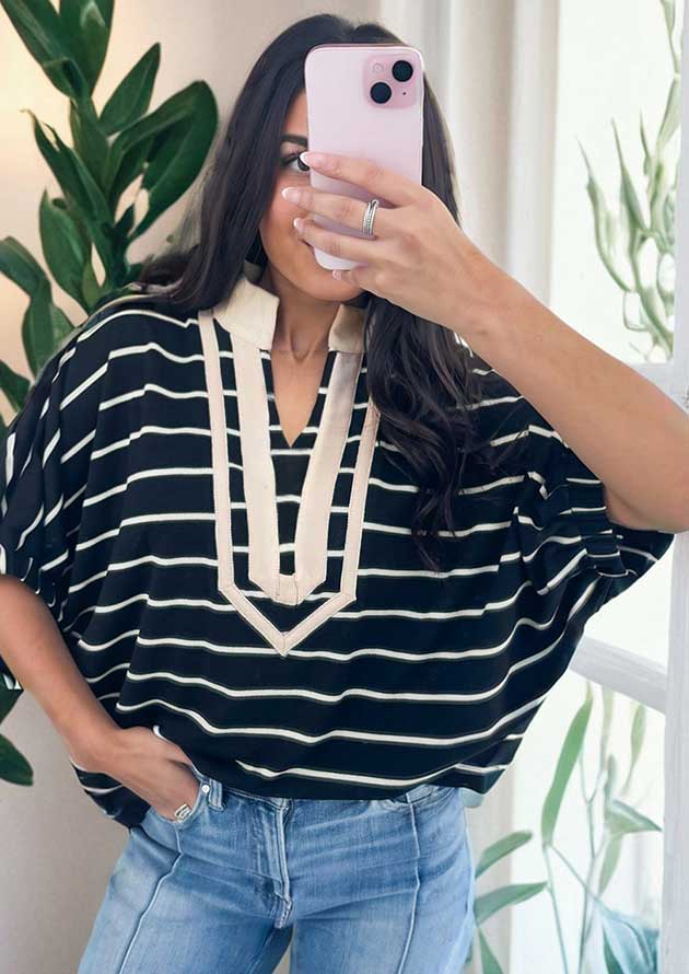 Calum Stripe Stand Collar V Neck Black Top - Image 4