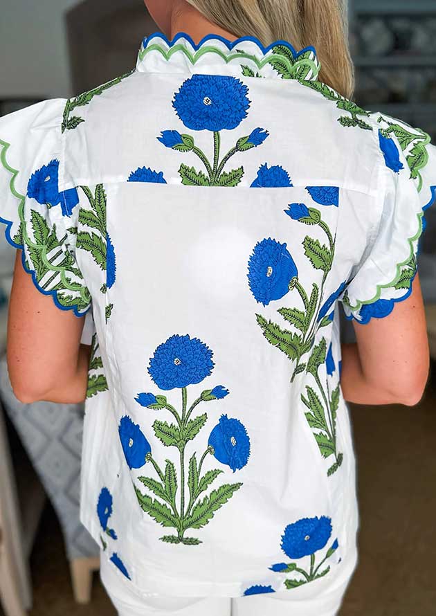 Countryside Floral Contrast Trim Scallop Sleeve Blue Blouse - Image 2