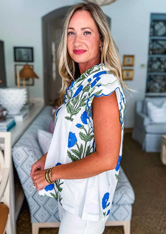 Countryside Floral Contrast Trim Scallop Sleeve Blue Blouse - Image 4