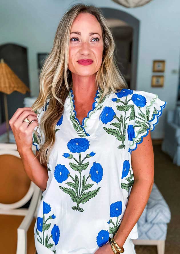 Countryside Floral Contrast Trim Scallop Sleeve Blue Blouse