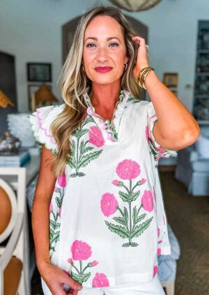 Countryside Floral Contrast Trim Scallop Sleeve Pink Blouse