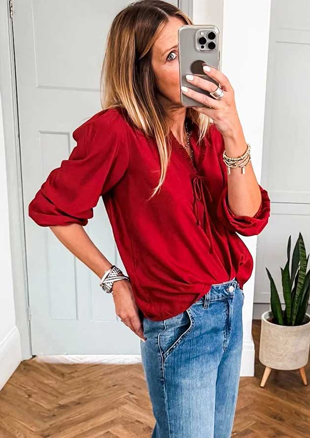 Ember Collar Frilled V Neck Bow Red Blouse - Image 3