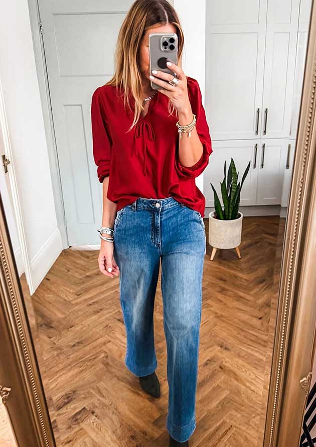Ember Collar Frilled V Neck Bow Red Blouse - Image 2