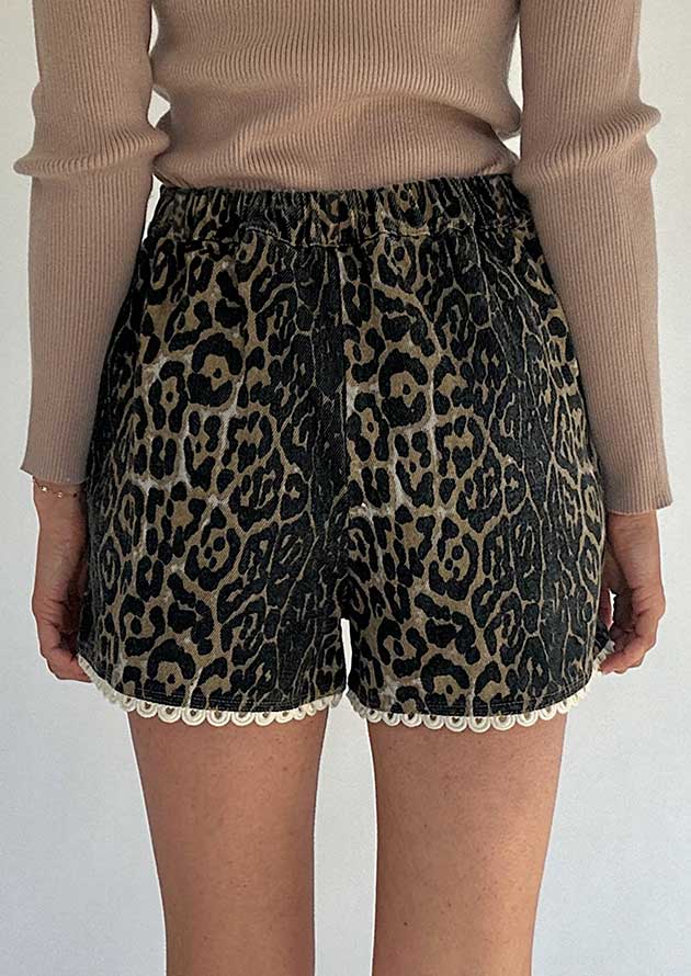 Eshowe Contrast Scallop Lace Trim Khaki Leopard Denim Short - Image 2
