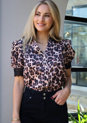 Hawksbury Button Down Lace Sleeve Leopard Blouse