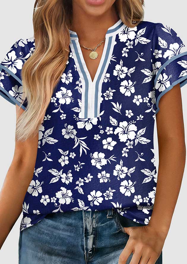 Hydra Bloom Floral Contrast Trim Split Neck Navy Blouse - Image 2
