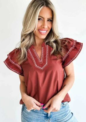 Indiana Contrast Trim Flutter Sleeve V Neck Red Blouse