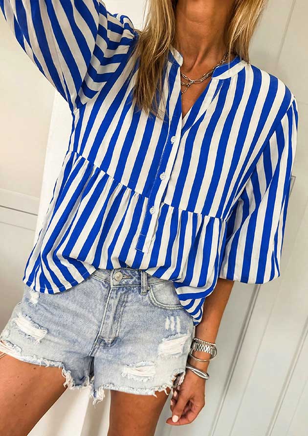 Indus Stripe Balloon Sleeve Button Up Blue Blouse - Image 2