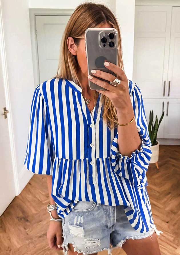 Indus Stripe Balloon Sleeve Button Up Blue Blouse