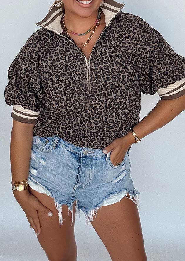 Ingwe Half Zip Striped Trim Short Sleeve Khaki Leopard Top