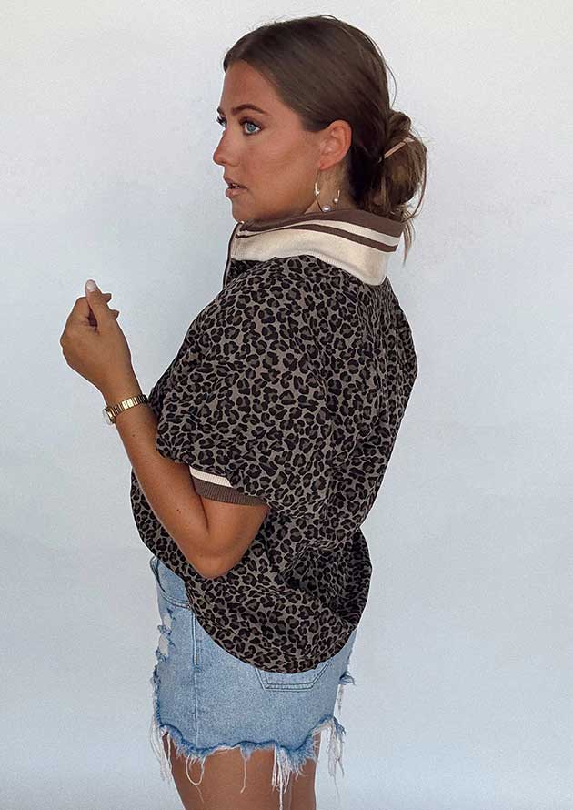 Ingwe Half Zip Striped Trim Short Sleeve Khaki Leopard Top - Image 3