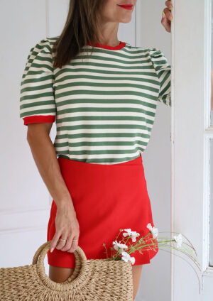 Leonora Stripe Short Puff Sleeve Contrast Trim Green Top