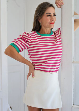 Leonora Stripe Short Puff Sleeve Contrast Trim Rose Top