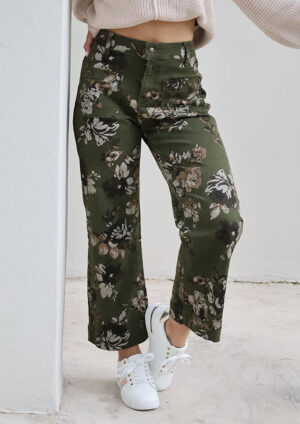 Leribe Vintage Floral Patch Raw Hem Green Jeans