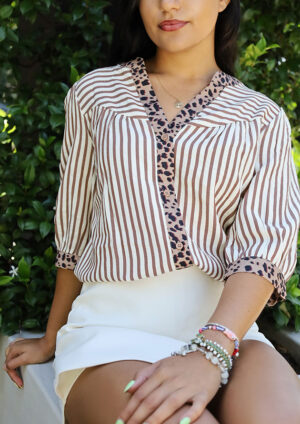 Lowveld Stripe Leopard Trim Buttoned Brown Blouse