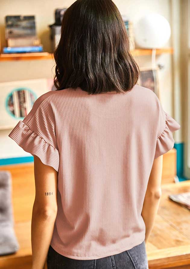 Nolene Ribbed Ruffled Short Sleeve Pink Top - Image 3