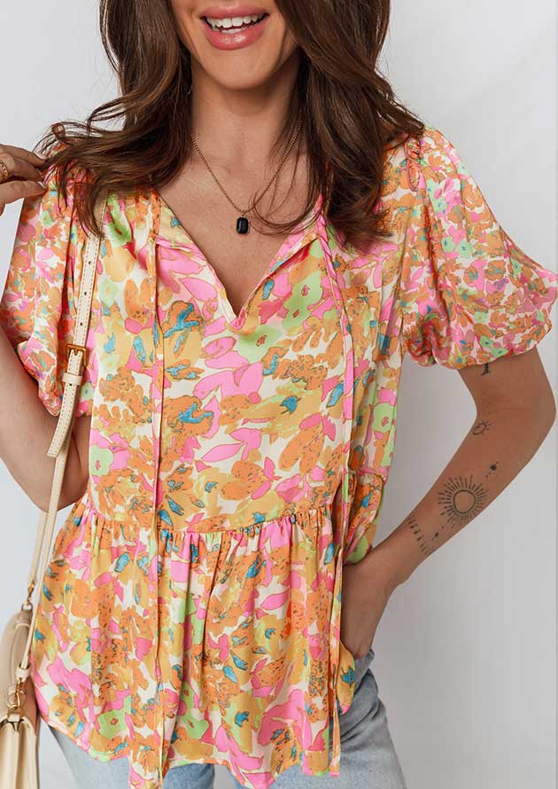 Phoenix Split V Neck Puff Sleeve Orange Flower Blouse - Image 4