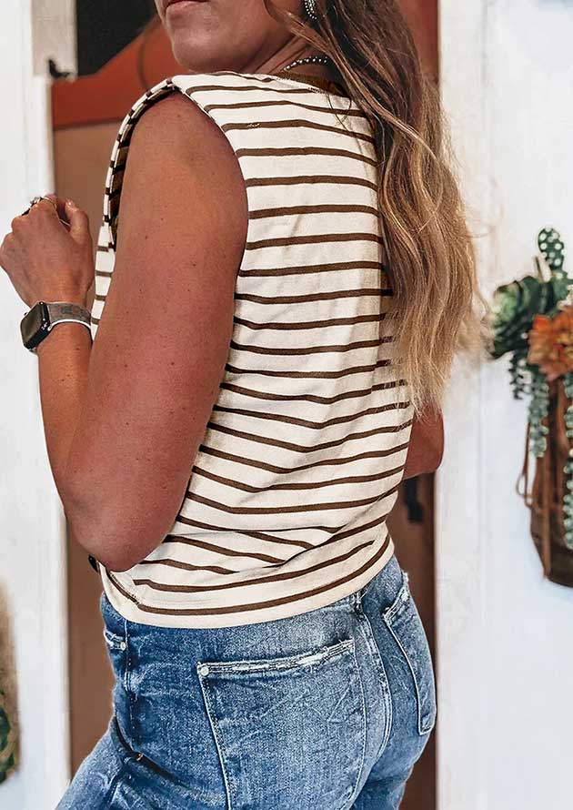 Senekal Stripe Ribbed Round Neck Brown Tank Top - Image 3