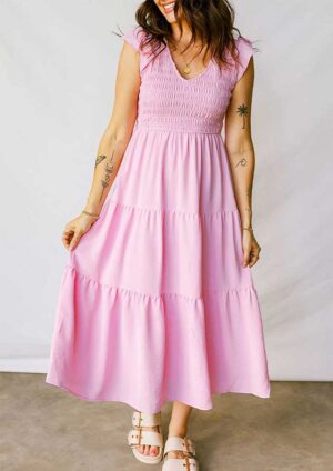 Seymore Smocked Bodice Flutter Sleeve Pink Maxi Dress