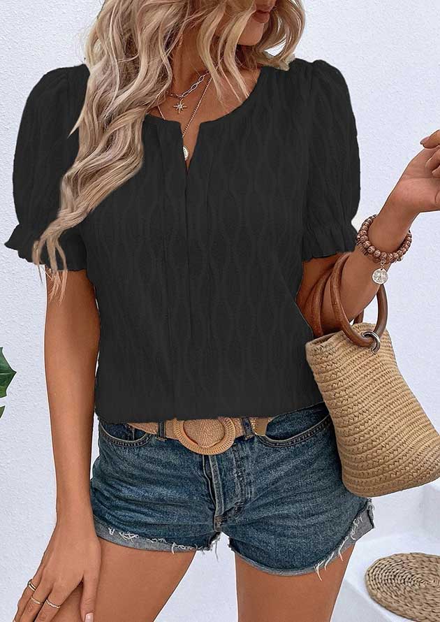 Sorina Textured Puff Sleeve Black Blouse - Image 3