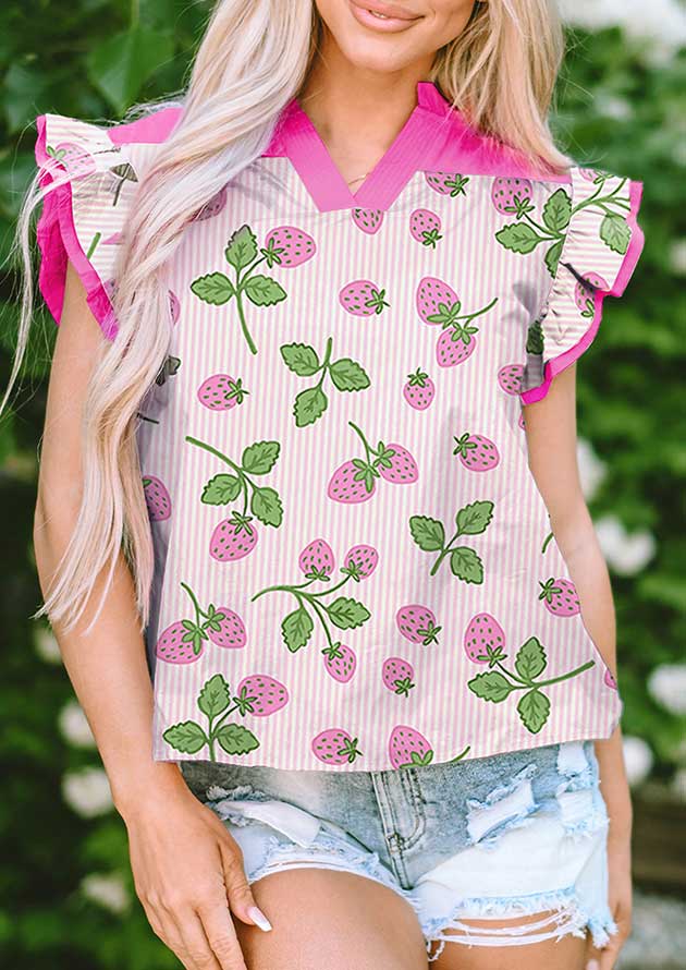 Strawberry Stripe Colour Block Flutter Sleeve Blouse - Image 4