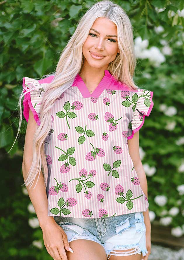Strawberry Stripe Colour Block Flutter Sleeve Blouse - Image 3