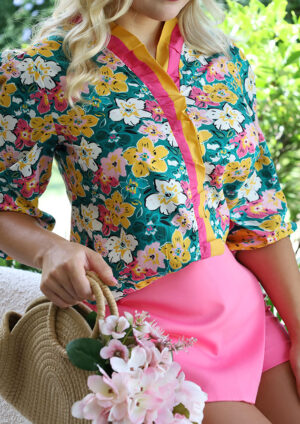 Tasmania Floral Print Contrast Trim Frilled V Neck Blouse