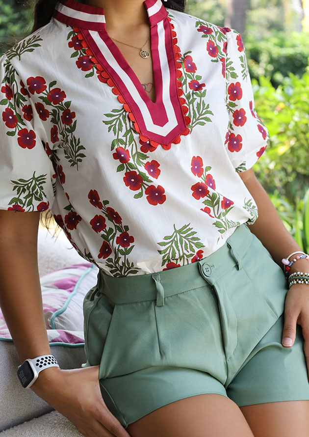 Taurus Floral Puff Sleeve Slit Neck White Blouse - Image 3