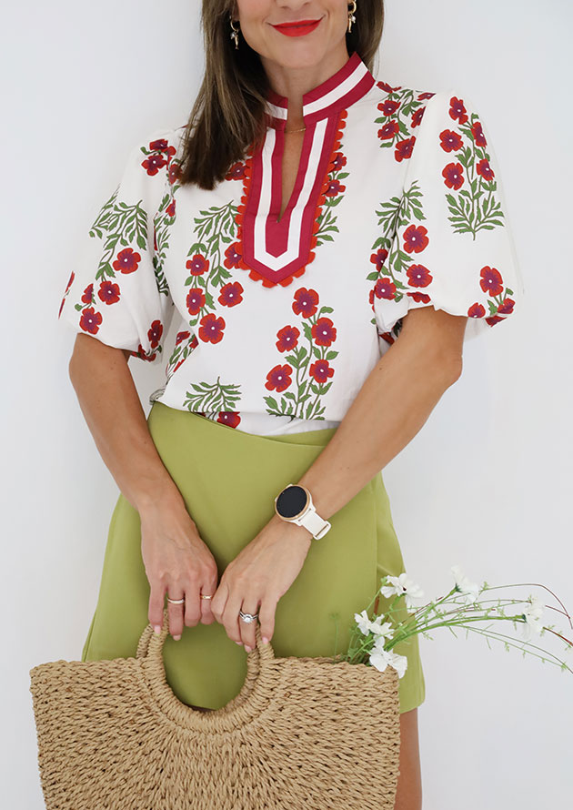 Taurus Floral Puff Sleeve Slit Neck White Blouse