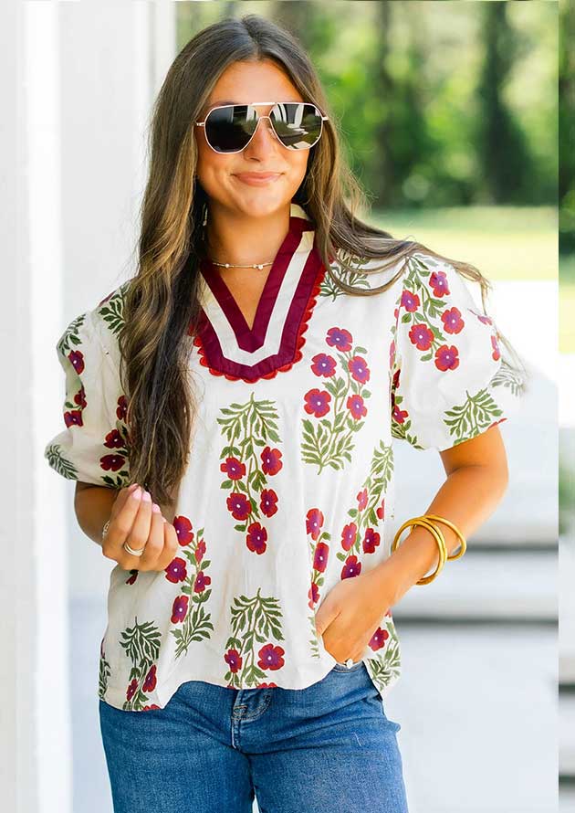Taurus Floral Puff Sleeve Slit Neck White Blouse - Image 2