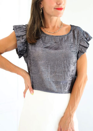 Titania Metallic Round Neck Ruffle Trim Silver Top