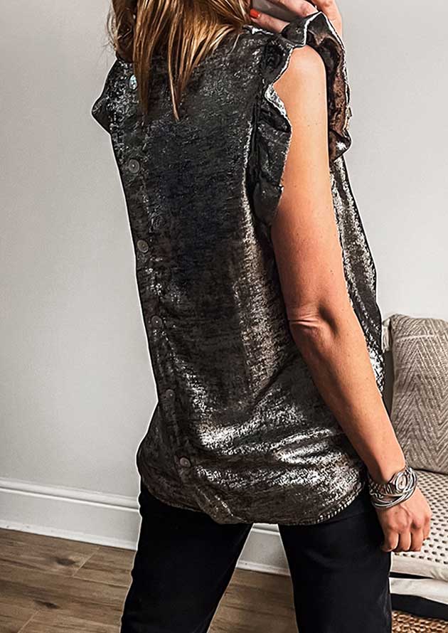 Titania Metallic Round Neck Ruffle Trim Silver Top Titania Metallic Round Neck Ruffle Trim Silver Top