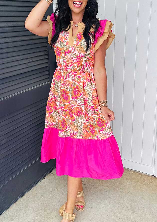 Utrecht Floral Colour Block Short Sleeve Rose Maxi Dress - Image 3