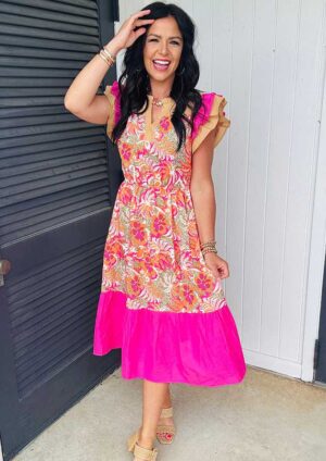 Utrecht Floral Colour Block Short Sleeve Rose Maxi Dress