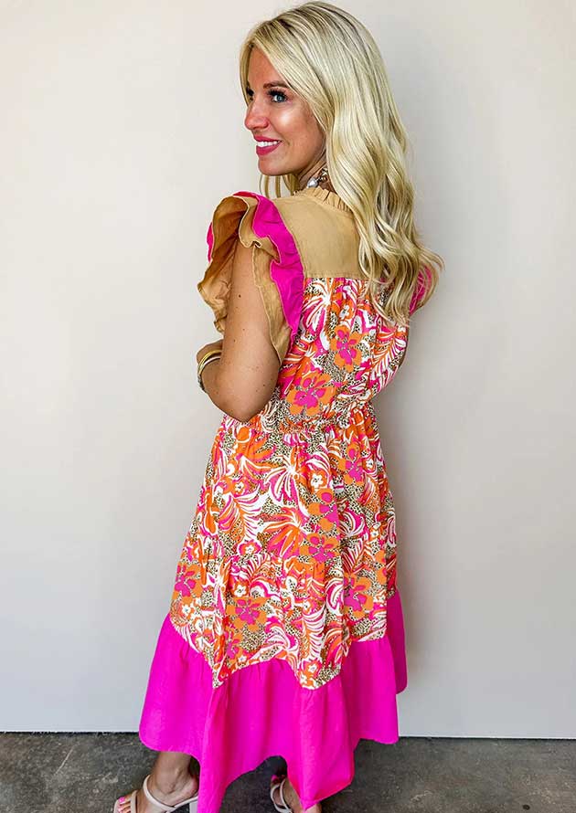 Utrecht Floral Colour Block Short Sleeve Rose Maxi Dress - Image 2