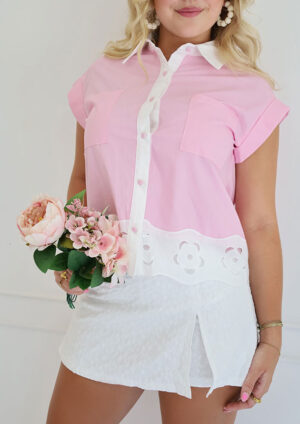 Anne Hollow-Out Floral Button Up Pink Blouse