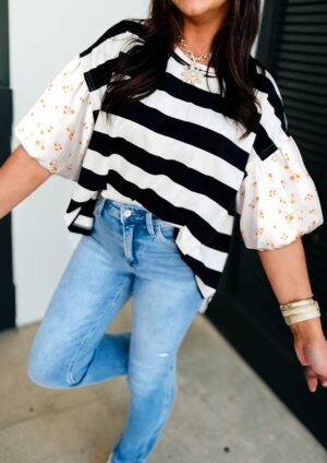 Athena Stripe Floral Puff Sleeve Black Blouse