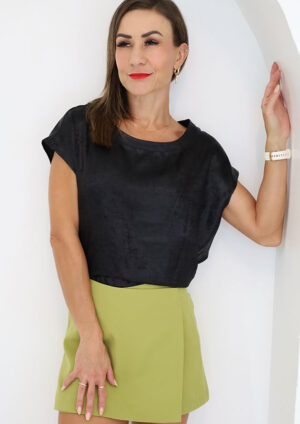Auckland Metallic Round Neck Cap Sleeve Black Top