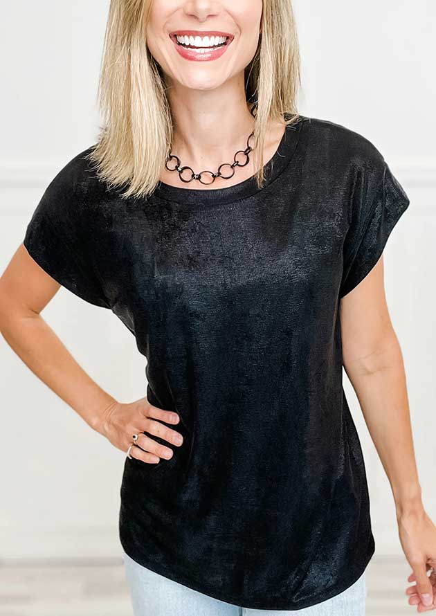 Auckland Metallic Round Neck Cap Sleeve Black Top - Image 2