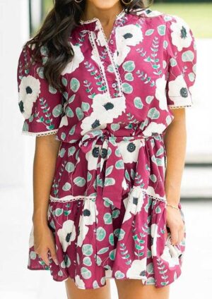Carraway Floral Trimmed Puff Sleeve Red Short Dress