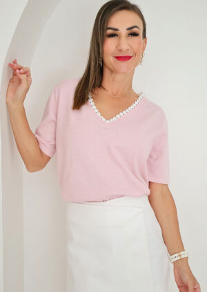 Cavell Lacy V Neckline Short Sleeve Pink Top