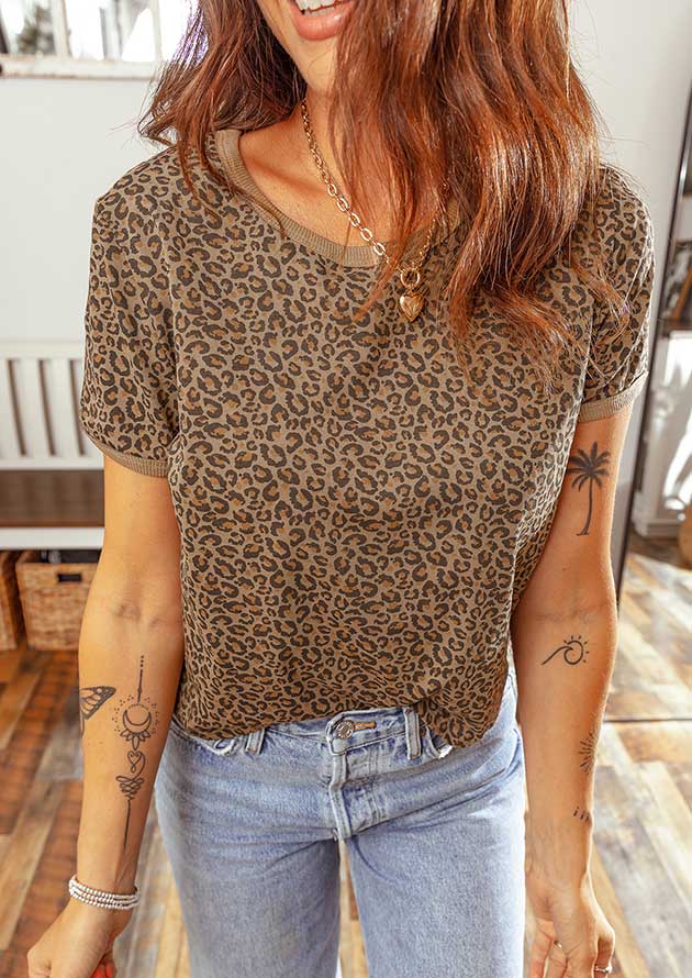 Charade Leopard Crew Neck Khaki T-Shirt - Image 4
