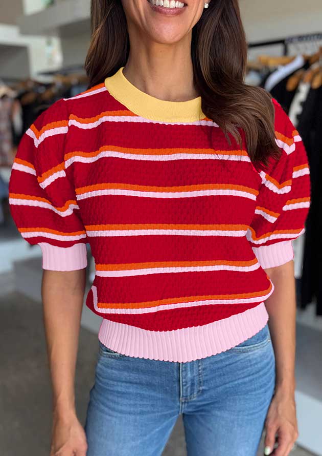 Columbia Stripe Colourblock Trim Puff Sleeve Red Top - Image 4